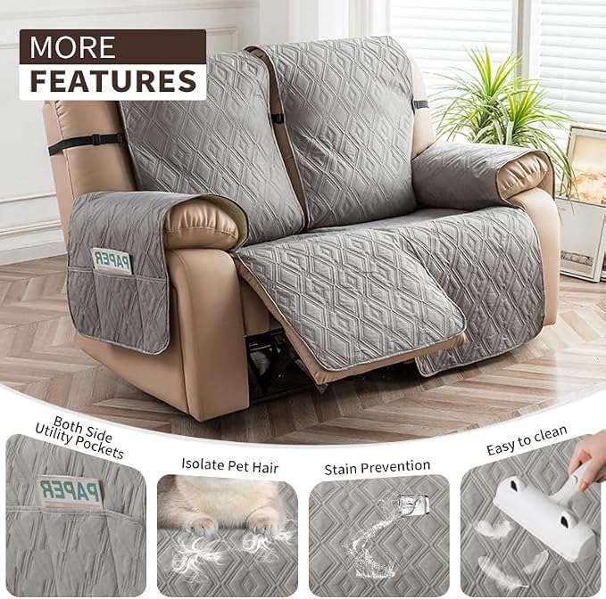 Genina Loveseat Recliner Cover Non-Slip, Sofa Cover for Reclining Couch 2 Seat, Loveseat Covers Double Recliner Furniture Protector Cover with Elastic Straps for Pets (Light Gray, Recliner Loveseat) - Image 3