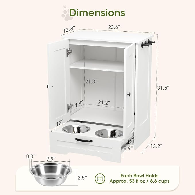 Dog Feeding Station with Storage Cabinet, White Wood Dog Cabinet with 2 Elevated Stainless Steel Bowls, Hidden Pull-Out Feeder Drawer, Pet Feeding Station for Kitchen and Living Room - Image 2