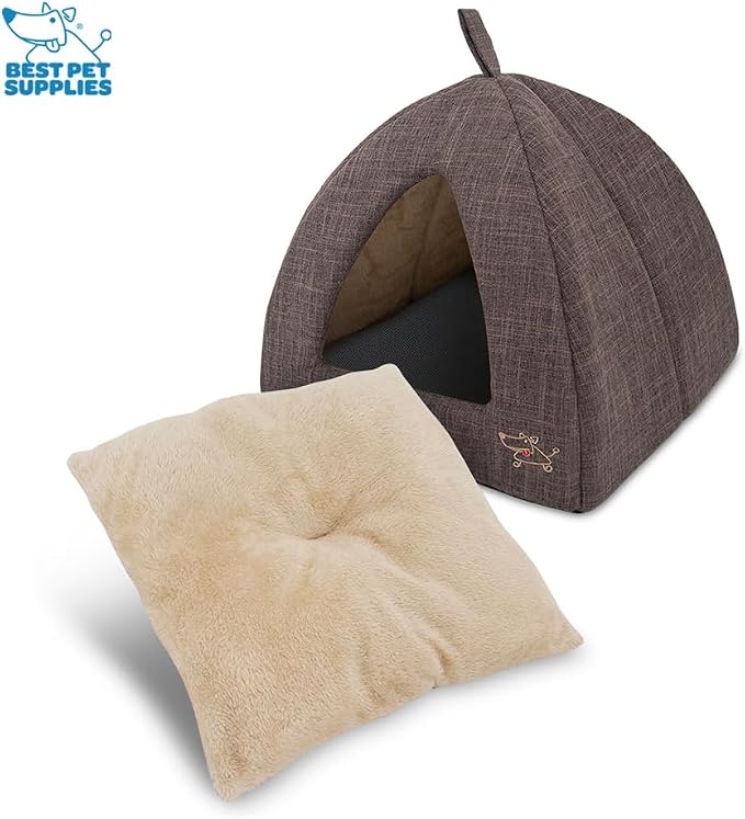 Best Pet Supplies Cat Bed for Indoor Cat, Domed Tent House with Removable Pillow, Covered Cat Cave for Small Dog, Puppies and All Breeds of Cats - Brown Linen, 16 x 16 x H:14" - Image 2