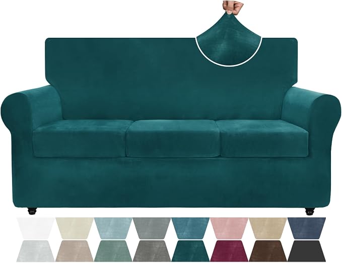 ZNSAYOTX Luxury Velvet Couch Cover 4 Piece (72"-92") Stretch Sofa Covers for 3 Cushion Couch Thick Soft Sofa Slipcover with Non Slip Strap, Dog Pet Friendly Nice Furniture Protector (Deep Teal) by ZNSAYOTX