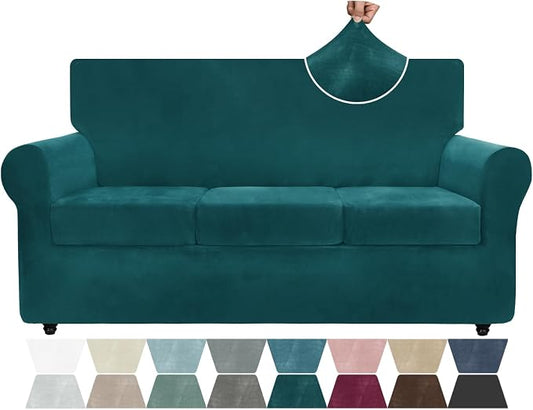 ZNSAYOTX Luxury Velvet Couch Cover 4 Piece (72"-92") Stretch Sofa Covers for 3 Cushion Couch Thick Soft Sofa Slipcover with Non Slip Strap, Dog Pet Friendly Nice Furniture Protector (Deep Teal) by ZNSAYOTX