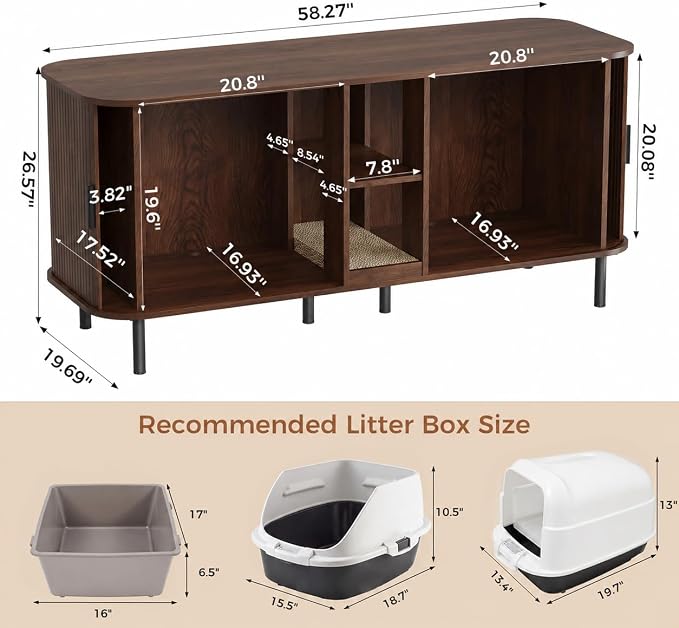 58" Double Cat Litter Box Enclosure, Large Hidden Litter Box Furniture for 2 Cats with Cat Scratch Pad, Mid Century Modern Indoor Cat House with Double Room, TV Stand, Side Table, Walnut - Image 2