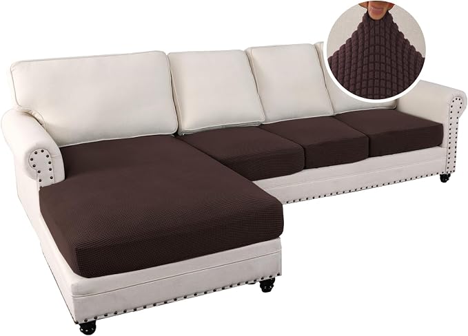 H.VERSAILTEX Sectional Couch Covers 4 Pieces Sofa Seat Cushion Covers L Shape Separate Cushion Couch Chaise Cover for Both Left/Right Sectional Couch (Seat Only: 1 Chaise + 3 Sofa, Chocolate) - Image 2