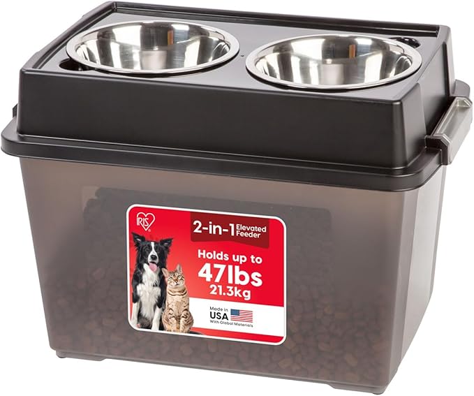 IRIS USA 2-in-1 Elevated Dog Bowls 6" H with Airtight Pet Food Storage Container Holds Up to 47 Lbs, Removable 4 Thick 16 oz Stainless Steel Bowls, at Home or Camping Pet Dish Bowl Set, Smoke/Black by IRISUSA