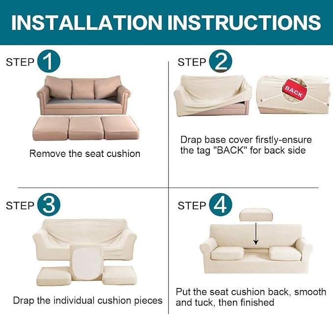 Turquoize 4 Piece Couch Cover Sofa Covers for 3 Cushion Couch Sofa Slipcovers Washable Sofa Cover for Dogs with Individual Couch Cushion Covers Feature Jacquard Fabric(3 Cushion Sofa, Biscotti Beige) - Image 7