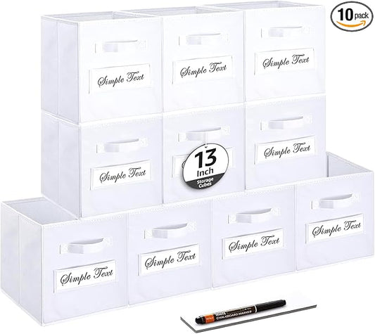 13x13x13 storage cube bins (Set of 10) Fabric storage cubes with 10 Labels Window Cards & a Pen, storage cubes 13x13, Collapsible 13 inch cube storage bins, Cubby Organizer Boxes, White by Artsdi