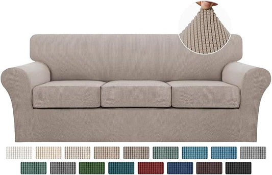 Turquoize 4 Piece Sofa Slipcover Sofa Covers for 3 Cushion Couch Soft Couch Cover for Dogs-Washable Sofa Furniture Covers with 3 Individual Cushion Covers,Feature Jacquard Fabric(3 Cushion Sofa, Sand) by Turquoize