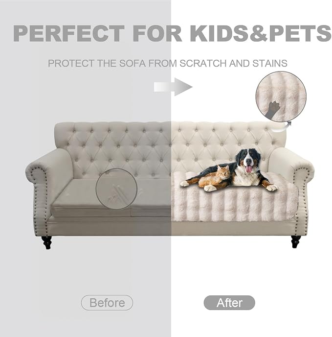 Dogs/Cats Bed Mats, Dog Pad Washable Removable Couch Cover with Anti-Slip Back, Plush Long Fur Mat, Perfect for Small, Medium and Large Dogs.(White-Bubble, 30"x70") - Image 3