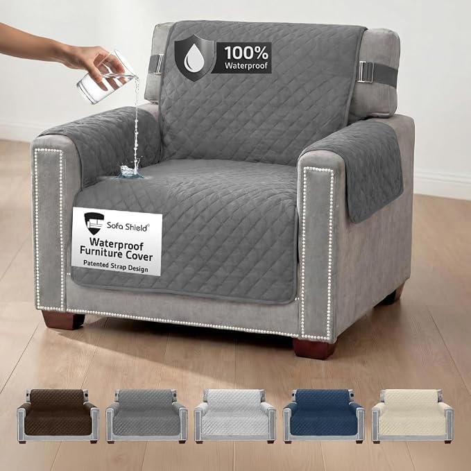 Sofa Shield 100% Waterproof Couch Cover with Patented Straps, Slip & Stain Resistant Furniture Protector, Machine Washable Sofa Slipcover for Dogs Cats Pets Kids, 23 inch Seat, Armchair, Dark Gray by SofaShield