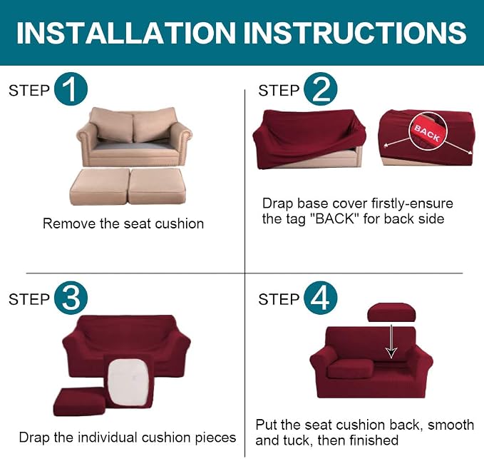 Turquoize 3 Piece Sofa Covers for 2 Cushion Couch Sofa Slipcover Soft Couch Cover for Dogs-Washable Sofa Furniture Covers with 2 Individual Cushion Covers (2 Cushion Sofa, Burgundy) - Image 6