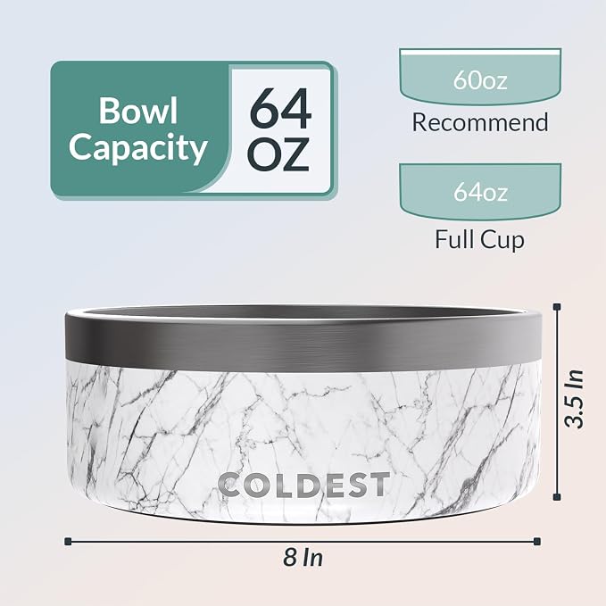 Coldest Dog Bowl - Anti Rust Metal, Non Slip, 3 Layers Insulated Stainless Steel Dog Bowls - Spill Proof & Heavy Duty - Water Bowl for Dogs, Cats & Pets, Dish Washer Safe (64 oz, Carrara Marble) - Image 4