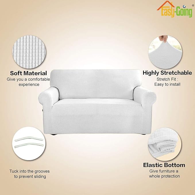 Easy-Going Stretch Loveseat Couch Covers Washable Snow White | 1-Piece Loveseat Covers for 2 Cushion Couch Furniture Protector RV Sofa Slipcover Soft with Bottom for Kids Pets - Image 3