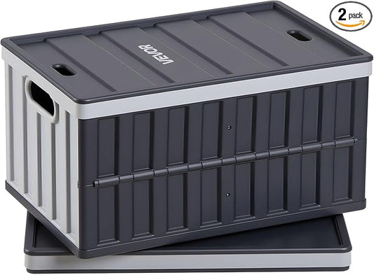 VEVOR Plastic Collapsible Storage Bins with Lids, 65L 2 Packs, Stackable Folding Storage Crates with Handles, Holds 84 lbs Per Bin, Heavy Duty Containers, Space-Saving Baskets, for Home Organizing by VEVOR