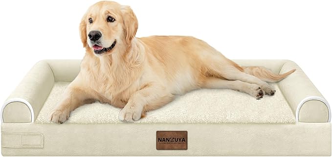 NANUYA Orthopedic Dog Bed for Large Dogs, 36 x 27 Inch, Beige | Egg crate foam for joint support, 3-sided bolster pet sofa, waterproof lining, washable cover, and non-skid base by Nanuya
