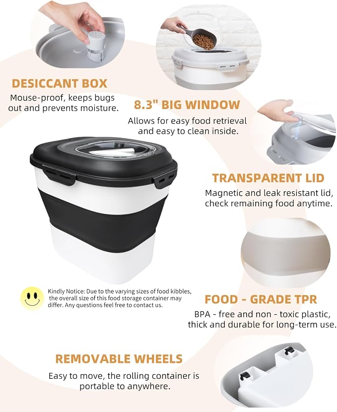 30-35 Lbs Dog Food Storage Container Collapsible Dog Food Container | Large Pet Food Storage with Airtight Lids,Wheels,Scoop and 2Pcs Food Storage Containers for Dog,Cat - Image 7