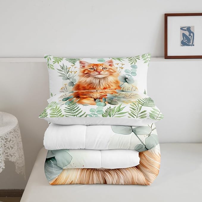 Manfei Kawaii Cat 3 Pcs King Size Comforter Set,Cartoon Kitten Pet Theme Down Alternative Adults Bedroom Decor,Watercolor Floral Flower Ultra Soft Microfiber Inner Fill 3Pcs Bedding - Image 5