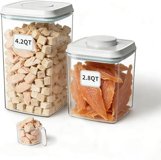 Dog Food Storage System with One-Touch Lid & Scoop, Mixed Size Set (2.8 QT / 2.65 L & 4.2 QT / 4.0 L) Cat Food Storage Container，Stackable Durable PET for Kibble, Treats & Complete Feeding by EQI