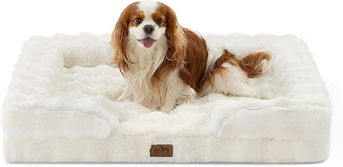 COZY KISS Orthopedic Dog Bed for Large Medium Size Dog, Soft and Warm Faux Fur Sofa for Pet Up to 75 lbs, Foam Bolster Anti-Slip Couch with Washable Removable Cover, L 36x27x6.5 inch, Beige by COZYKISS