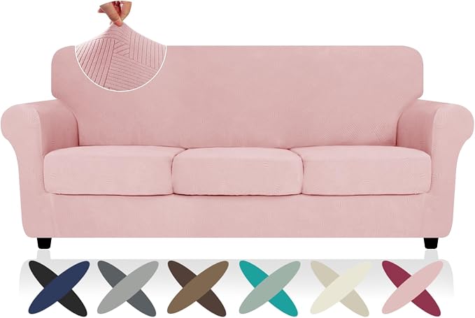 ZNSAYOTX 4 Piece Stretch Sofa Covers (71"-91"), Thick Striped Couch Covers for 3 Cushion Sofa with Elastic Band Bottom Ties Non-Slip Stay in Place, Soft Durable Washable Couch Slipcovers, Rose by ZNSAYOTX