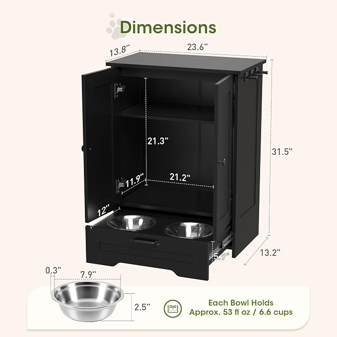 Dog Feeding Station with Storage Cabinet, Black Wood Dog Cabinet with 2 Elevated Stainless Steel Bowls, Hidden Pull-Out Feeder Drawer, Pet Feeding Station for Kitchen and Living Room - Image 2