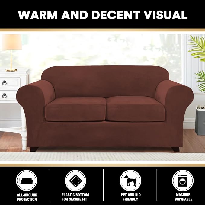 PrinceDeco Velvet Couch Cover Loveseat Covers for 2 Cushion Couch 3 Piece Sofa Covers for Dogs Washable Loveseat Covers Width Up to 72 Inch No Slip Stretch Sofa Slipcover(Medium, Burnt Brick) - Image 6