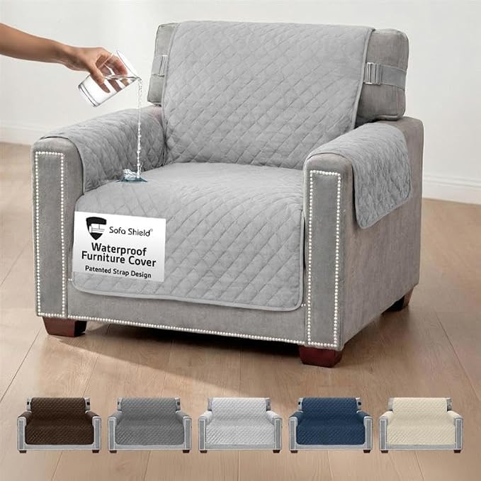 Sofa Shield 100% Waterproof Couch Cover with Patented Straps, Slip & Stain Resistant Furniture Protector, Machine Washable Sofa Slipcover for Dogs Cats Pets Kids, 23 inch Seat, Armchair, Light Gray by SofaShield