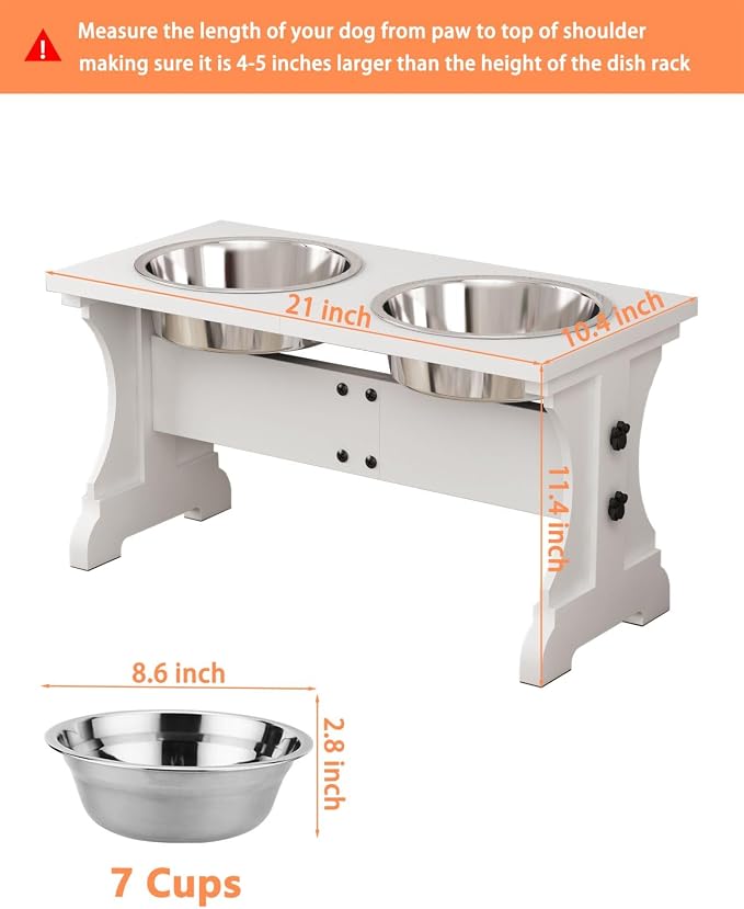 Piskyet Elevated Dog Bowls,Farmhouse Dog Bowls Stand, Raised Dog Bowl with 2 Stainless Steel Wooden Dog Bowls,7 Cups 11''H_55 oz Bowl-White, GWJ-01 - Image 2