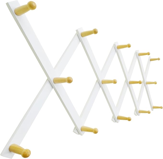 SKOLOO Hat Rack for Wall with 14 Hooks, Solid Wooden, Modern, Expandable Coat Rack Wall Mount for Coats, Hats, Bags, Baseball Caps, Natural on White by SKOLOO