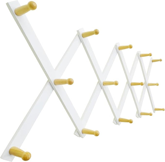 SKOLOO Hat Rack for Wall with 14 Hooks, Solid Wooden, Modern, Expandable Coat Rack Wall Mount for Coats, Hats, Bags, Baseball Caps, Natural on White by SKOLOO