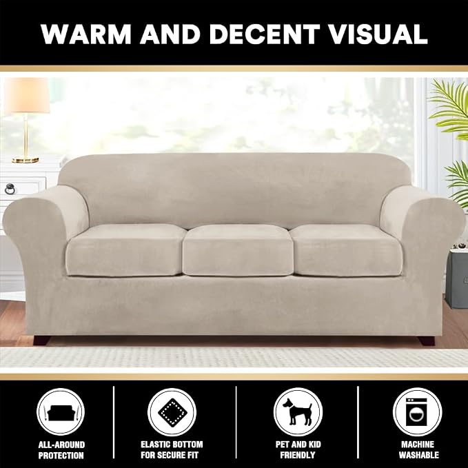 PrinceDeco Velvet Couch Covers for Sofa Soft 4 Pieces Couch Covers for 3 Cushion Couch Sofa Pet Friendly Furniture Protector with Non Slip Elastic Bottom Width Up to 90 Inch (Large, French Oak) - Image 6