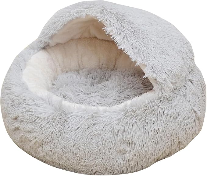 PetPals Round Cat Bed with Hoodie Cover and Removeable Washable Cushion | Super Soft Faux Fur Pet Bed with Cover for Puppies and Kittens or Ferrets Small Pets with Anti-Slip Bottom, Light Gray by Petpals