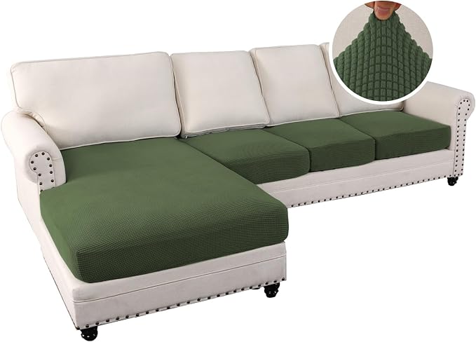 H.VERSAILTEX Sectional Couch Covers 4 Pieces Sofa Seat Cushion Covers L Shape Separate Cushion Couch Chaise Cover for Both Left/Right Sectional Couch (Seat Only: 1 Chaise + 3 Sofa, Bronze Green) - Image 2