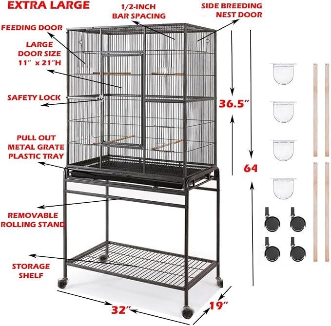 64" Extra Large Wrought Iron Side Nesting Box Doors Flight Breeding Canary Parakeet Cockatiel Lovebird Finch Bird Cage Easy Clean Pull Out Tray with Removable Rolling Stand - Image 2