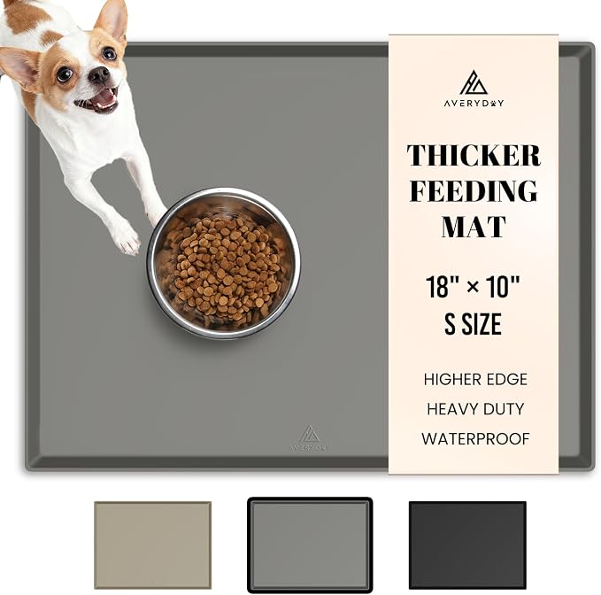 AVERYDAY 100% Waterproof Thicker Silicone Dog Food Mat, 0.63'' Raised Edge Bowl Mat for Food & Water, Non Slip Pet Feeding Placemat for Messy Drinkers, Perfect for Large Medium Small Breeds, 18"x10" by YourAveryDay