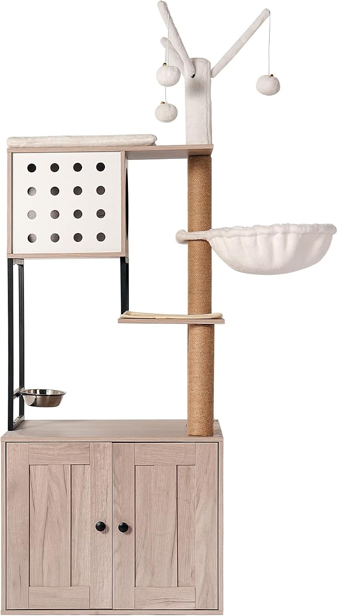 Cat Tree with Litter Box Enclosure - Modern Cat Condo with Scratching Posts, Feeding Bowl & Removable Pompom Sticks, Gray - Image 9