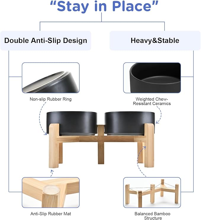SPUNKYJUNKY Elevated Dog Bowls Ceramic, 6.1'' Dogs and Cat Food Water Bowls Raised with Non-Slip Bamboo Stand for Medium Sized Breed Microwave Dishwasher Safe - 28.7 OZ,Black - Image 4
