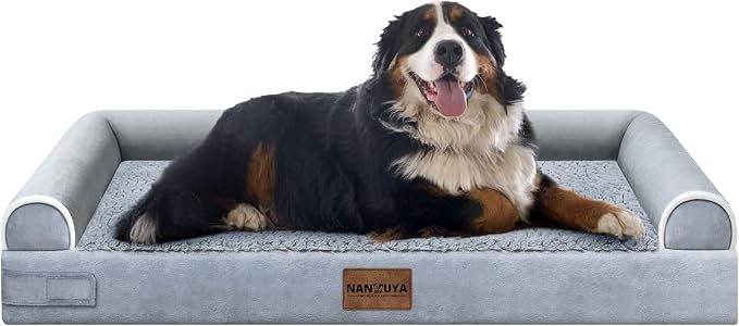 NANUYA Orthopedic Dog Bed for Jumbo Dogs, 53 x 42 Inch, Light Grey | Egg crate foam for joint support, 3-sided bolster pet sofa, waterproof lining, washable cover, and non-skid base by Nanuya