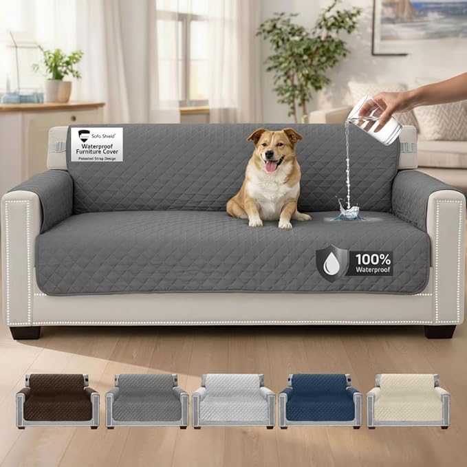 Sofa Shield 100% Waterproof Couch Cover with Patented Straps, Slip and Stain Resistant Furniture Protector, Machine Washable Sofa Slipcover for Dogs Cats Pets Kids, 70 inch Seat, Dark Gray by SofaShield