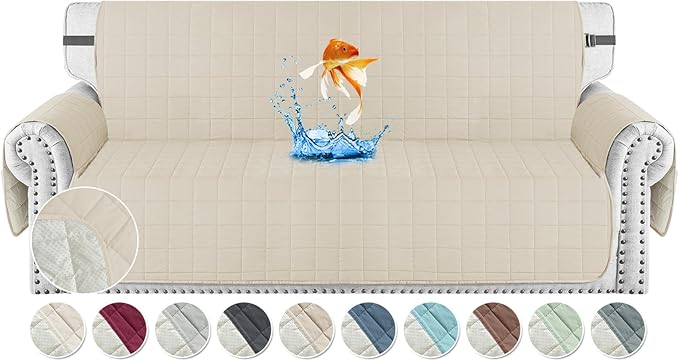MAXIJIN Waterproof Couch Covers for 3 Cushion Couch Sofa Pet Friendly, 69" Quilted Sofa Covers Washable Dog Couch Cover Protector with Elastic Strap & Side Pocket (Sofa, Beige) by MAXIJIN
