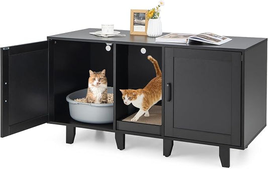 Tangkula Patented Double Cat Litter Box Enclosure for 2 Cats, Large Hidden Privacy Cat Washroom Cabinet with Scratching Board, Indoor Cat House TV Stand Side Table, Litter Box Furniture (Black) by TANGKULA