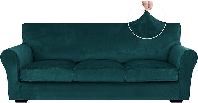 XINEAGE 4-Piece Velvet Sofa Cover,Couch Covers for Dog,Dark Green | 3 Cushion Sofa,Stretch Non-slip Elastic, Pet-friendly, Washable, Fast Setup, Soft Plush Fabric, Furniture Protector. by XINEAGE