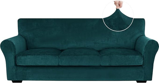 XINEAGE 4-Piece Velvet Sofa Cover,Couch Covers for Dog,Dark Green | 3 Cushion Sofa,Stretch Non-slip Elastic, Pet-friendly, Washable, Fast Setup, Soft Plush Fabric, Furniture Protector. by XINEAGE
