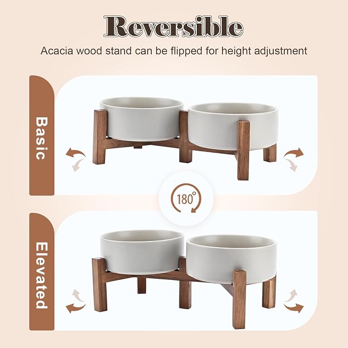 SPUNKYJUNKY Ceramic Dog Bowls with Acacia Wood Stand - Raised Dog Food and Water Bowl Set for Medium Dogs (28.74 OZ, Gray) - Image 3
