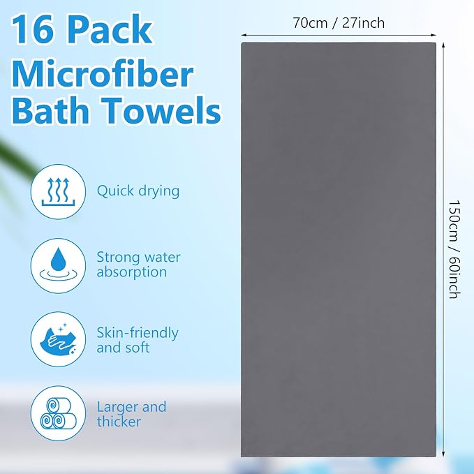 SmoothNovelty 16 Pack Microfiber Bath Towels Bulk 27'' x 60'' Oversized Beach Towel Highly Absorbent Extra Large Soft Drying for Shower Pool Salon Sauna Bathroom Gym Party (Simple,Dark Gray) - Image 2