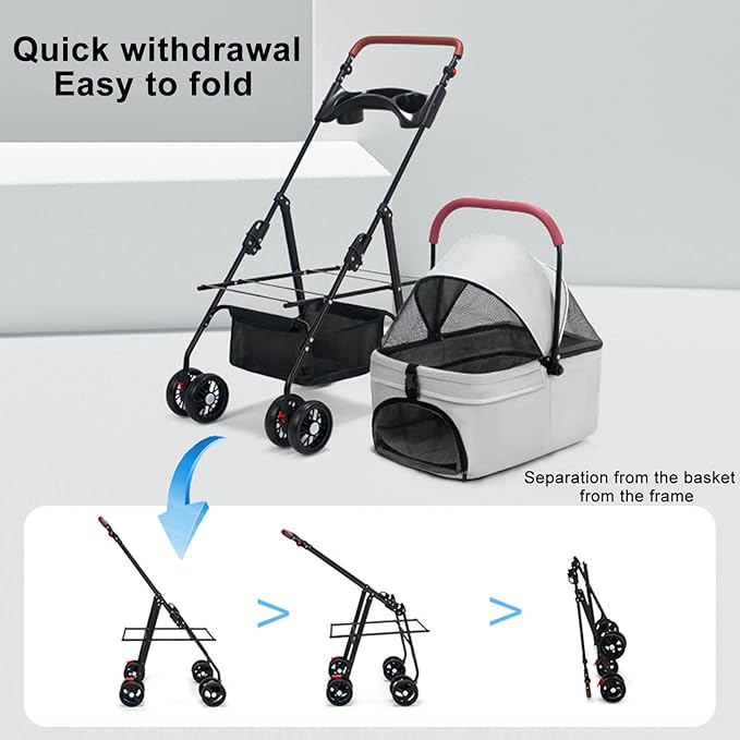 4 Wheels Pet Stroller for Medium Small Dog up to 50lbs, Folding Dog Stroller, 4 Wheels Cat Strollers, Travel Carrier, with Adjustable Handle, Detachable Pet Basket, Breathable Mesh (1 Set)