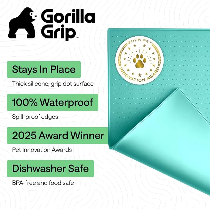 GORILLA GRIP 100% Waterproof Raised Edge BPA Free Silicone Pet Feeding Mat, Dog Cat Food Mats Contain Spills Protects Floors, Placemats for Cats and Dogs Water Bowl, Pets Accessories 16x10, Turquoise - Image 2