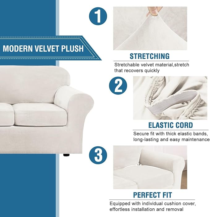 H.VERSAILTEX Modern Velvet Plush 4 Piece High Stretch Sofa Slipcover Furniture Protector Form Fit Velvet Extra Large Sofa Cover for 3 Cushion Couch Width Up to 105 Inch (XL Sofa, Porcelain White) - Image 3