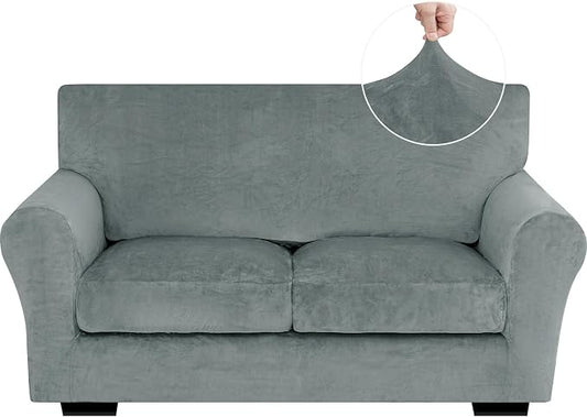 XINEAGE 3-Piece Velvet Loveseat Sofa Cover, Couch Covers for Dog,Light Gray | 2 Cushion Loveseat,Stretch Non-slip Elastic, Pet-friendly, Washable, Fast Setup, Soft Plush Fabric, Furniture Protector. by XINEAGE