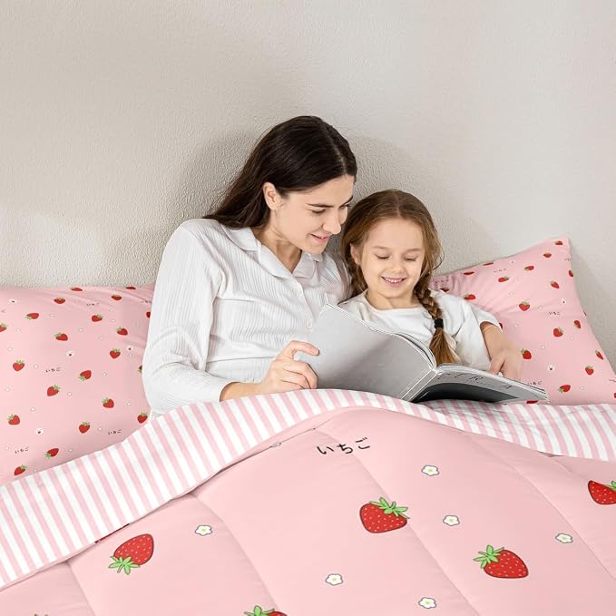Girls Strawberry Comforter Set Twin Kawaii Strawberry Comforter For Kids Japanese Style Pink Cute Cartoon Fruit Food Theme Bedding Set Girly White Floral Down Comforter Reversible Soft Lightweight - Image 5