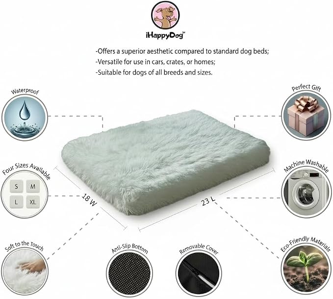 Faux Fur Orthopedic Rectangular Dog Bed, Memory Foam, White Small 23"x18" | Plush Sheepskin Style Furry Rug, Calming for Senior and Large Dogs, Washable Waterproof Cover, Fits Crates and Floors - Image 5
